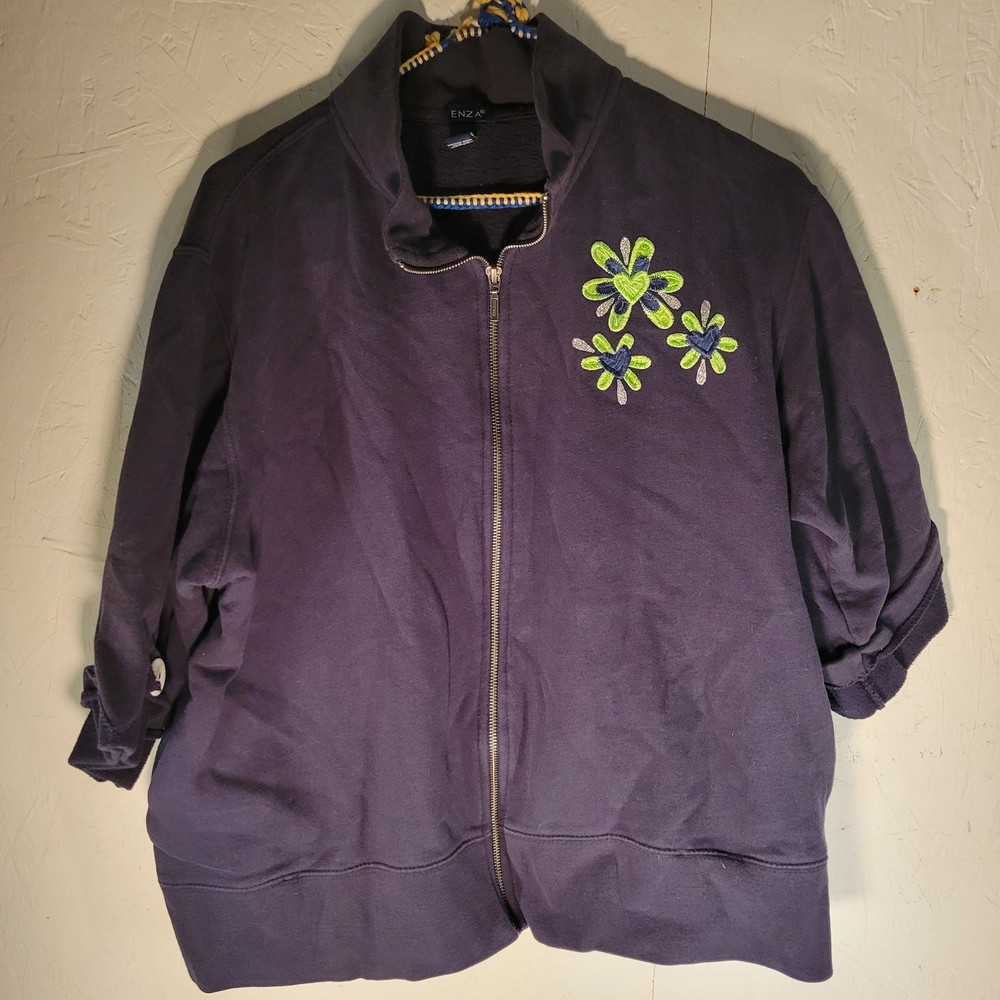 Enza Navy Blue Floral Embroidered Full Zip, Half Sleeves Women's Sweatshirt XL